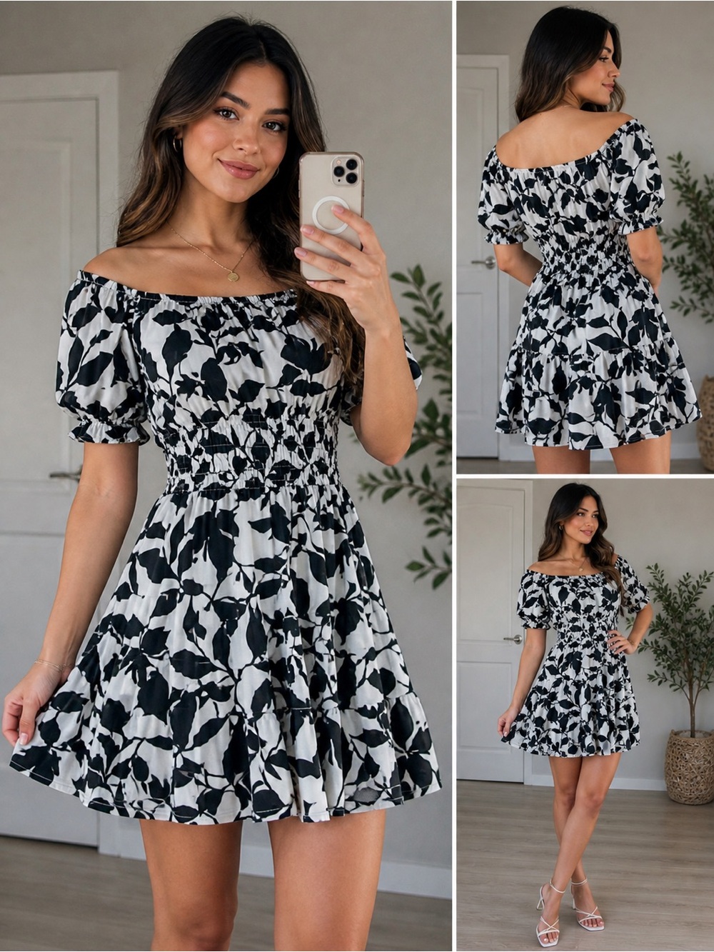 Hint of Blush Black & White Floral Off Shoulder Mini Dress Size M